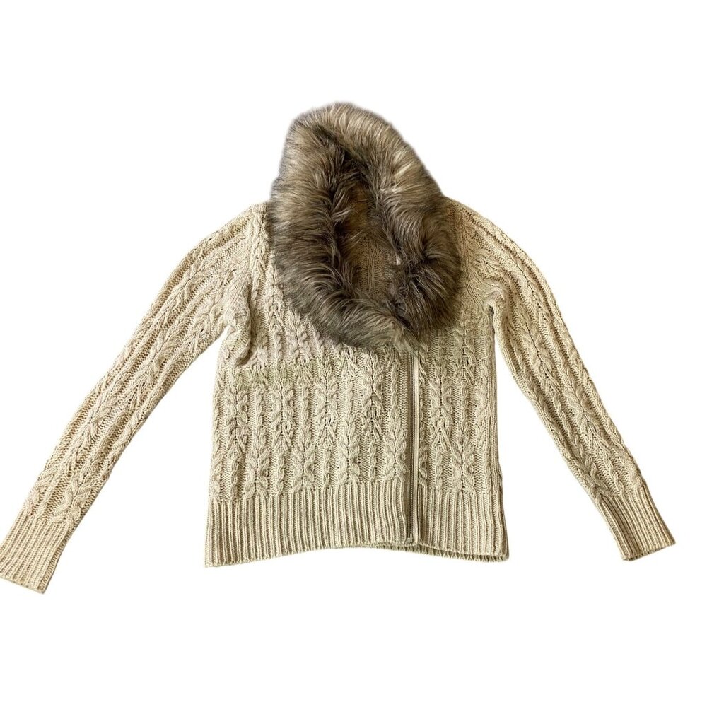 Boston Proper Beige Cable Knit Cardigan Sweater Faux Fur Collar Medium